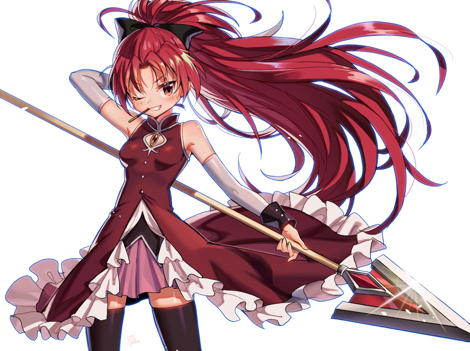 anzumame mahou_shoujo_madoka_magica sakura_kyouko skirt_lift thighhighs weapon