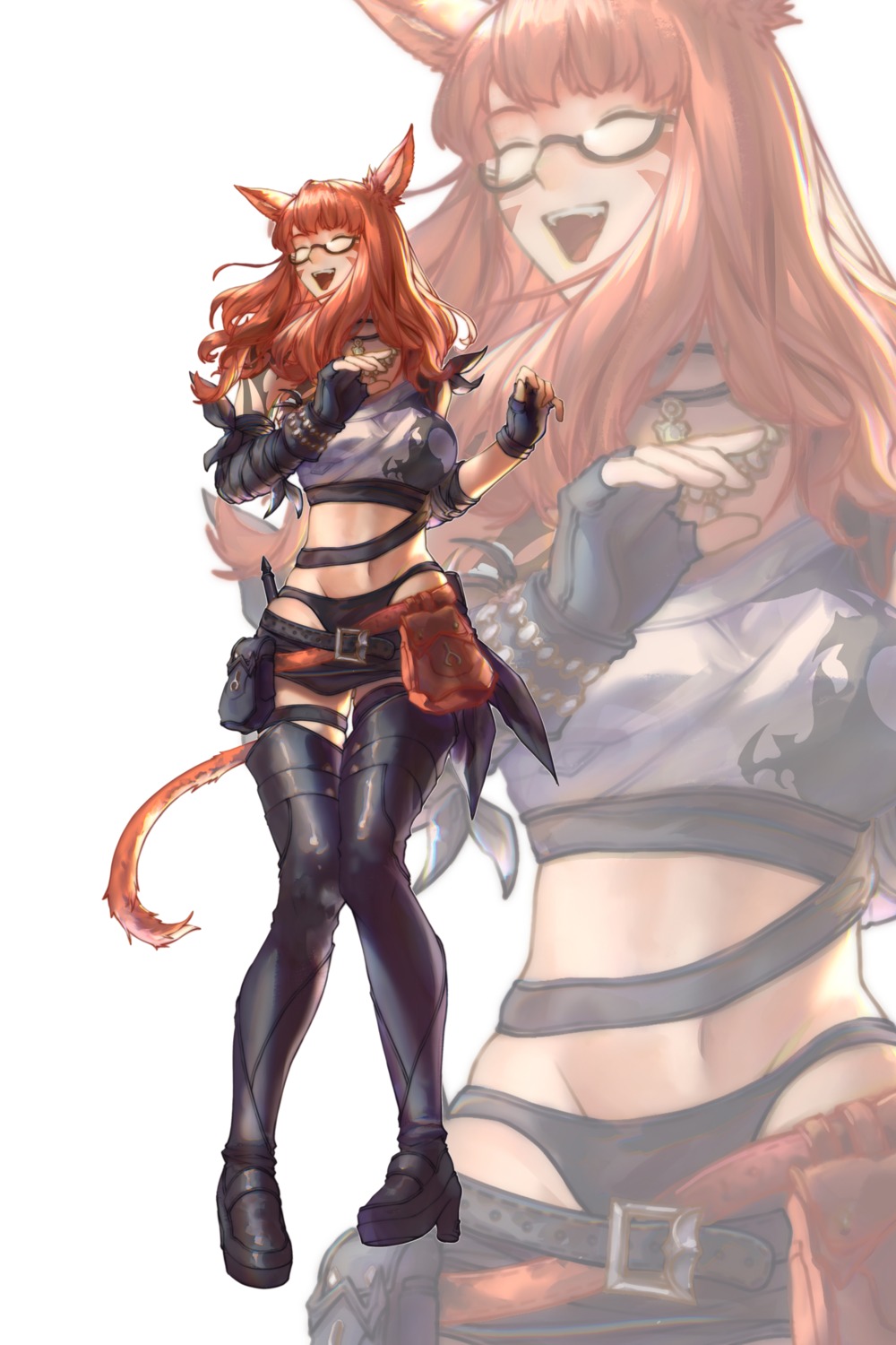 animal_ears armor final_fantasy final_fantasy_xiv garter heels megane miqo'te pantsu seneka_grafika tail thighhighs weapon