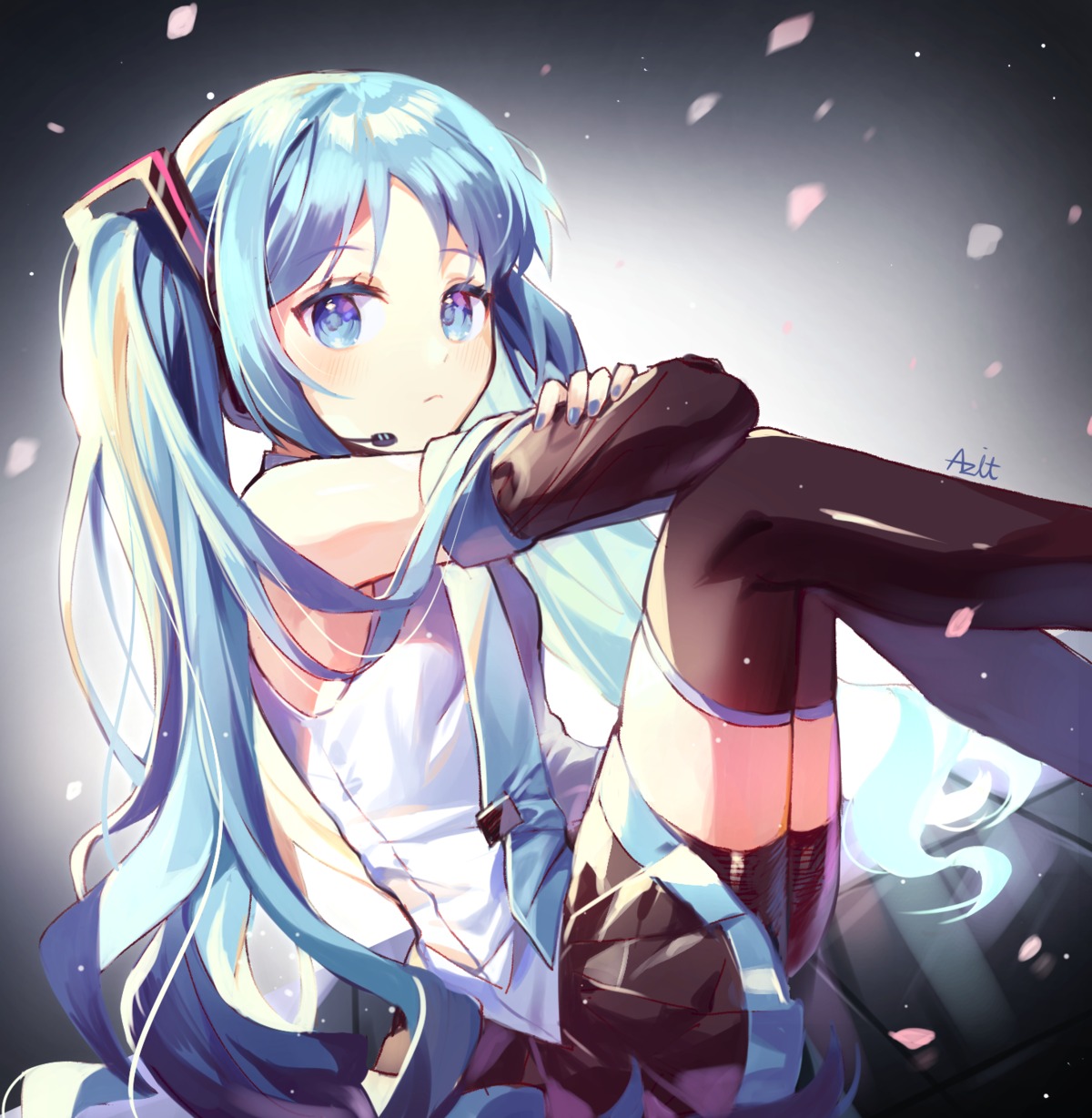 azit_(down) bike_shorts hatsune_miku headphones thighhighs vocaloid