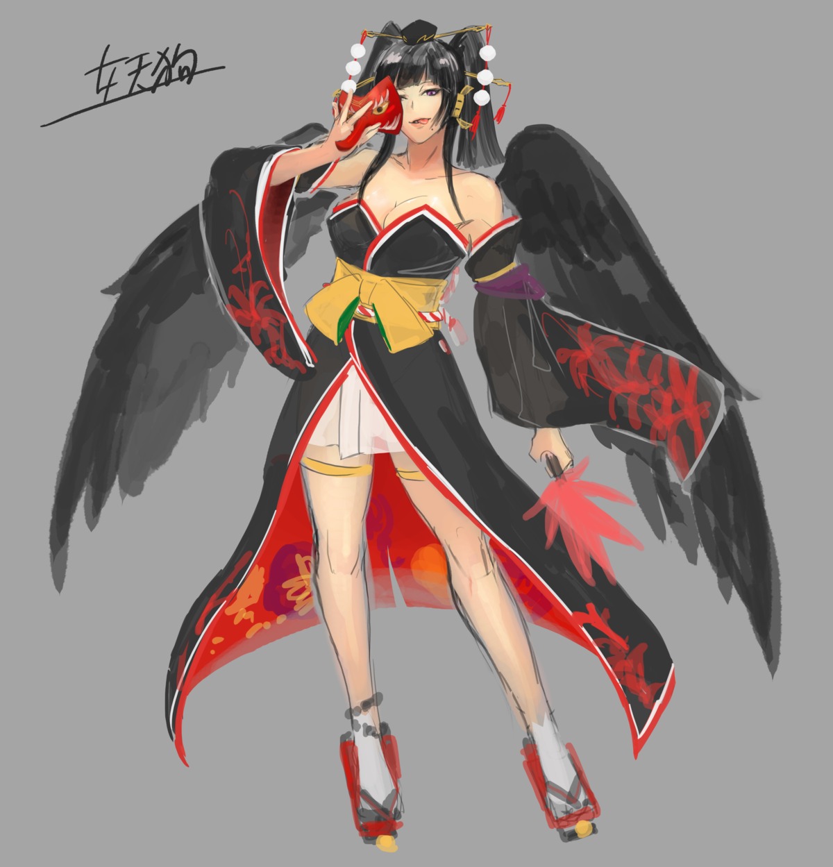 character_design cleavage dead_or_alive dead_or_alive_6 garter japanese_clothes koei_tecmo nyotengu sketch tagme wings