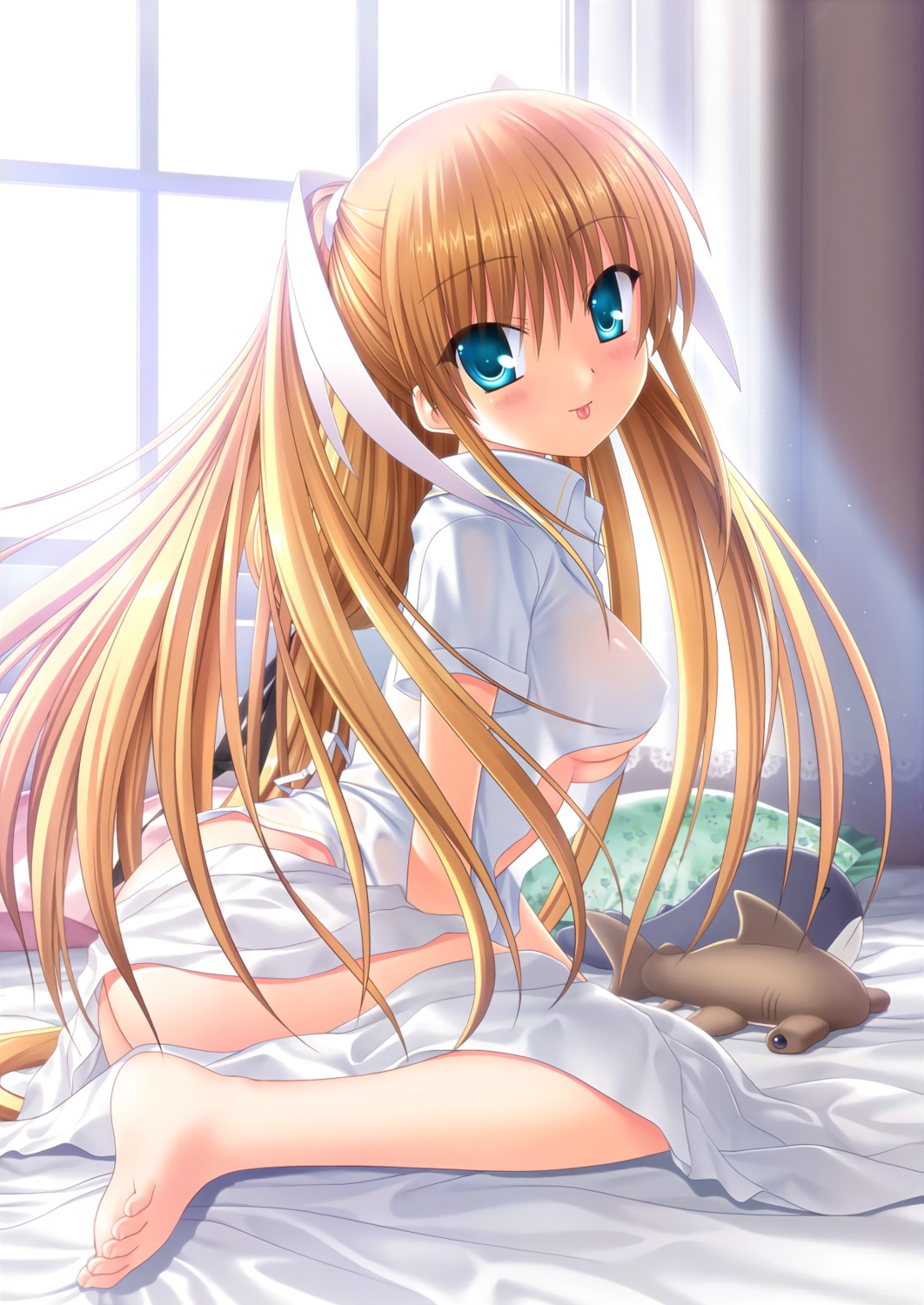 ass bottomless dress_shirt feet key little_busters! na-ga no_bra open_shirt see_through tokido_saya