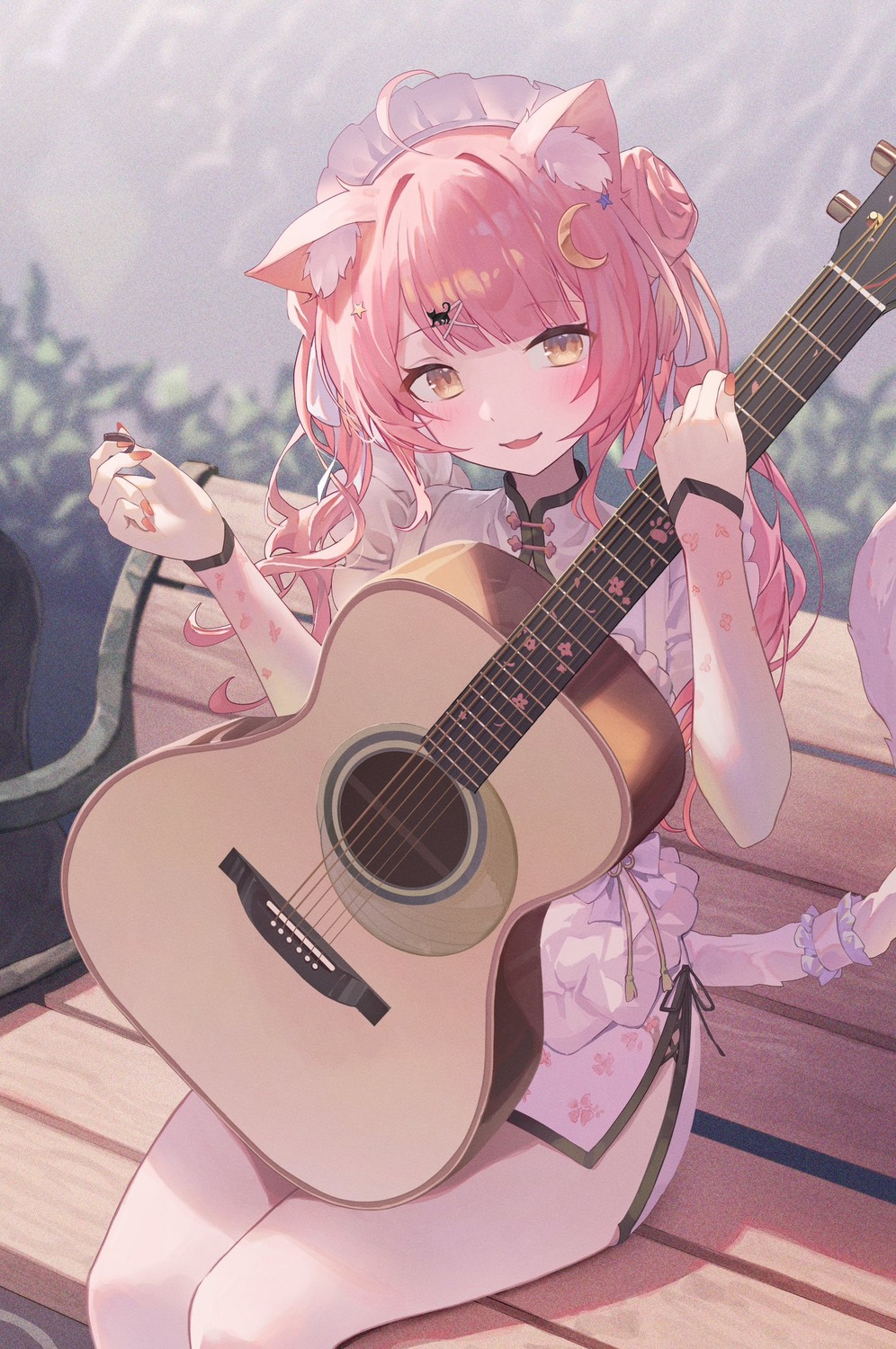 animal_ears chinadress guitar indie_virtual_youtuber jebura maid munmosshu nekomimi tail