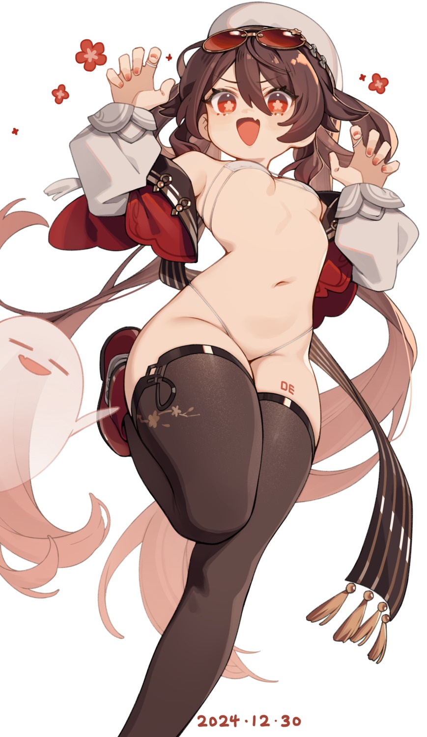 de_da_xianyu genshin_impact hu_tao megane no_bra tattoo thighhighs