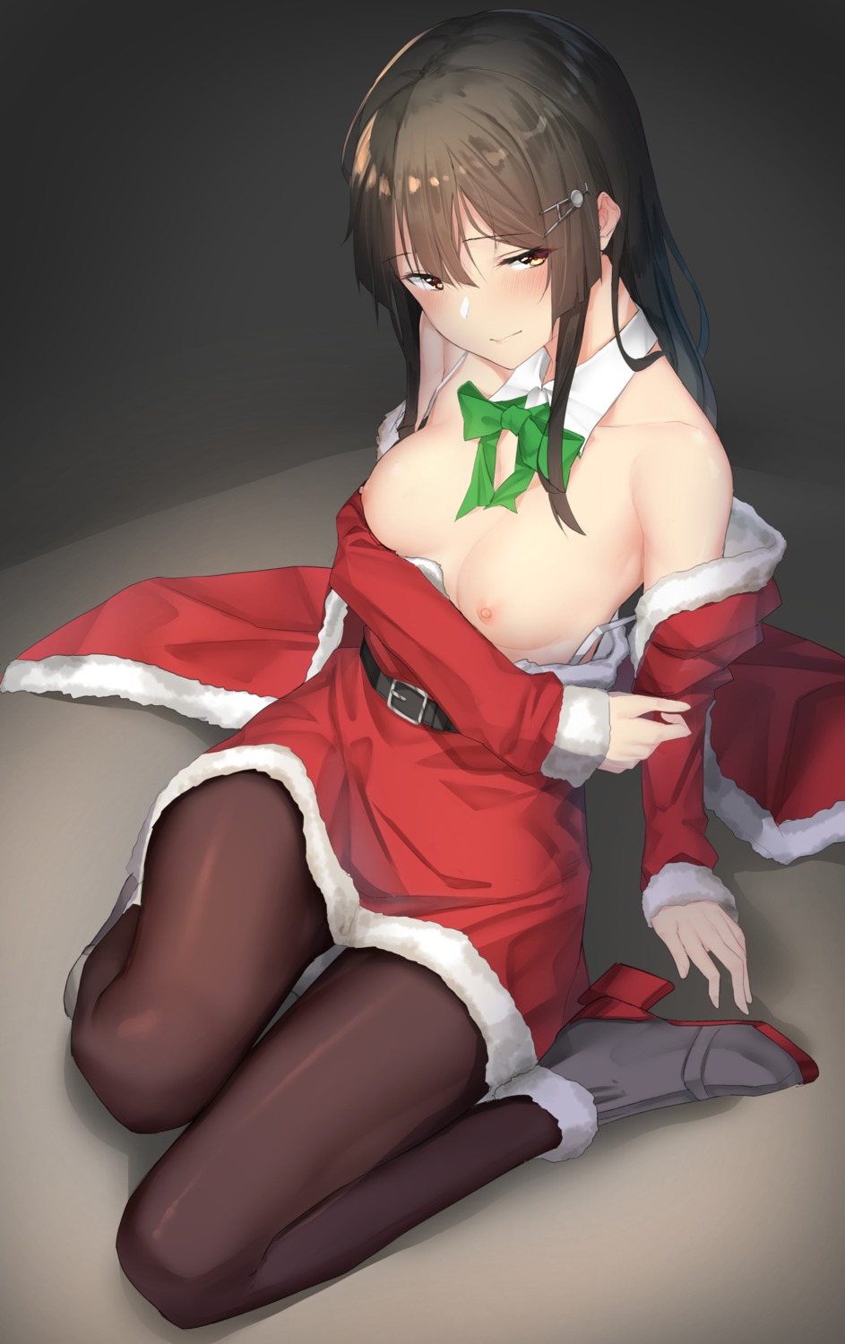 breast_hold christmas dress heels kantai_collection nipples no_bra open_shirt oyashio_(kancolle) pallad pantyhose