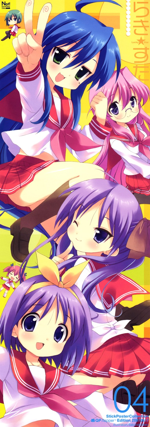 hiiragi_kagami hiiragi_tsukasa iwasaki_minami izumi_konata kobayakawa_yutaka lucky_star qp:flapper seifuku stick_poster takara_miyuki