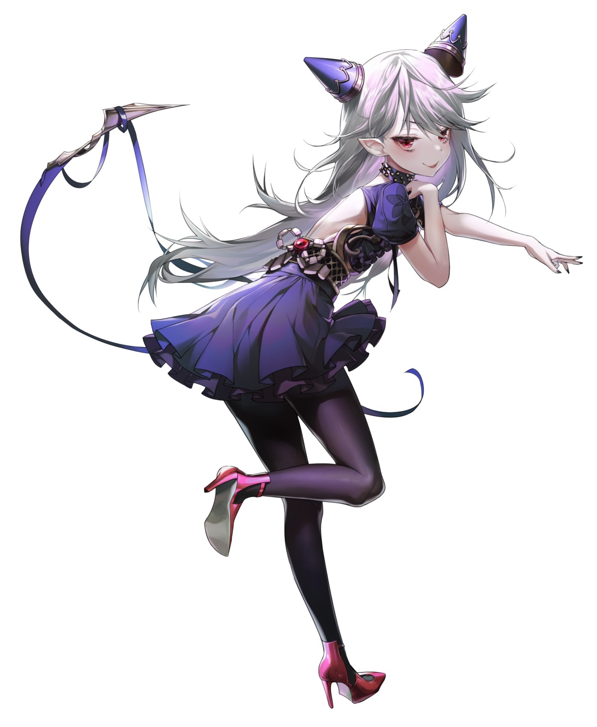 alpha_(ypalpha79) dress heels horns no_bra pantyhose pointy_ears skirt_lift tail