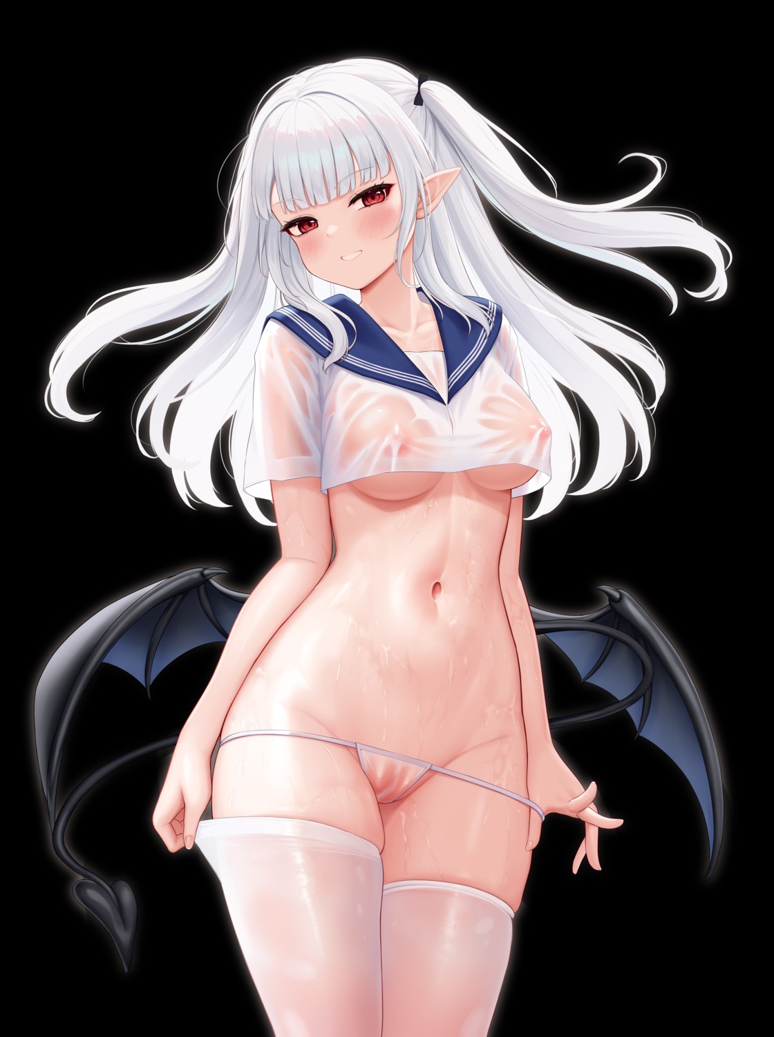 allenes devil nipples no_bra pantsu panty_pull pointy_ears pussy see_through seifuku tail thighhighs thong uncensored undressing wet wet_clothes wings