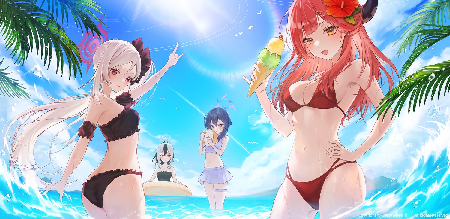 asagi_mutsuki ass bikini blue_archive halo heeri horns igusa_haruka onikata_kayoko rikuhachima_aru swimsuits thong wet