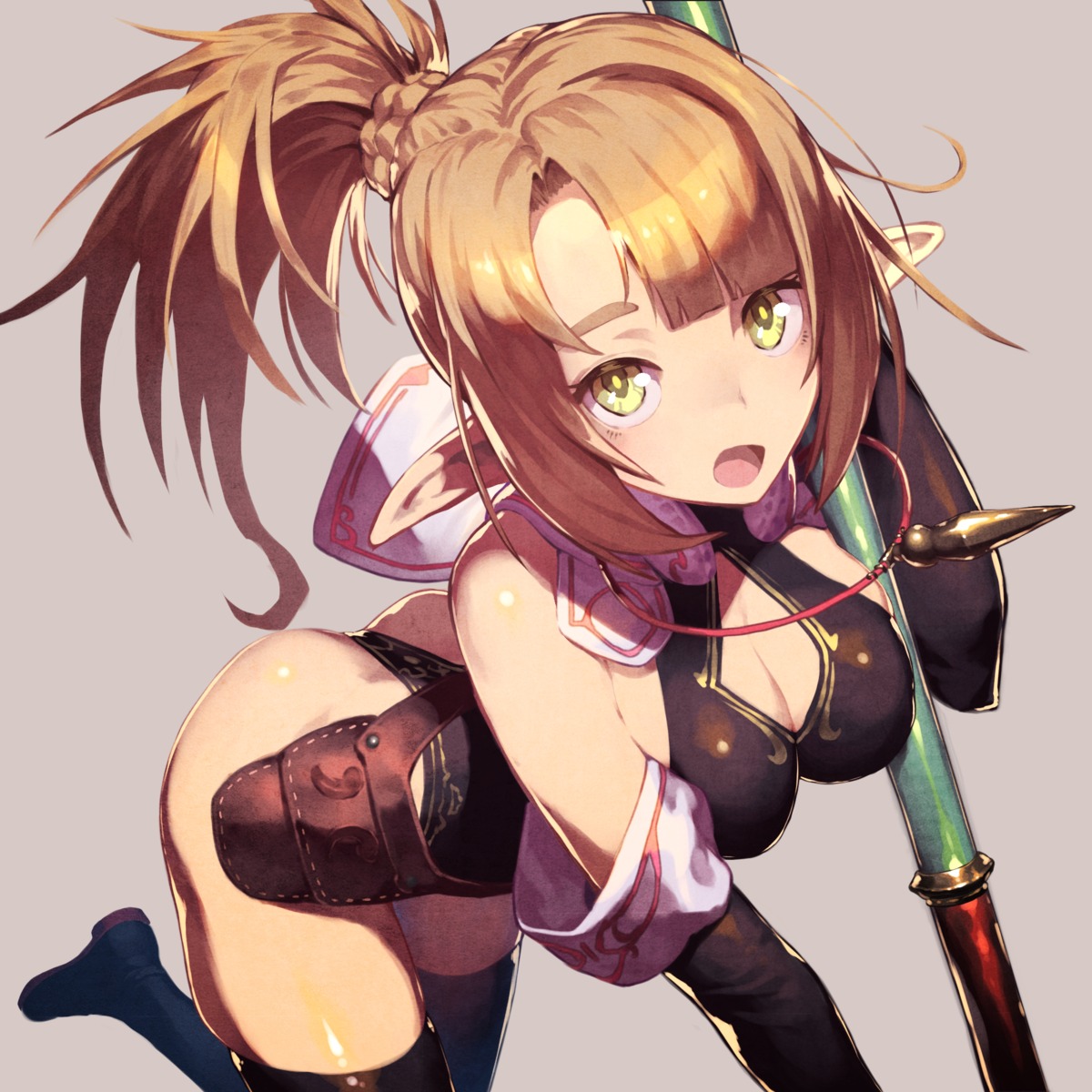cleavage cozy elf leotard pointy_ears thighhighs weapon