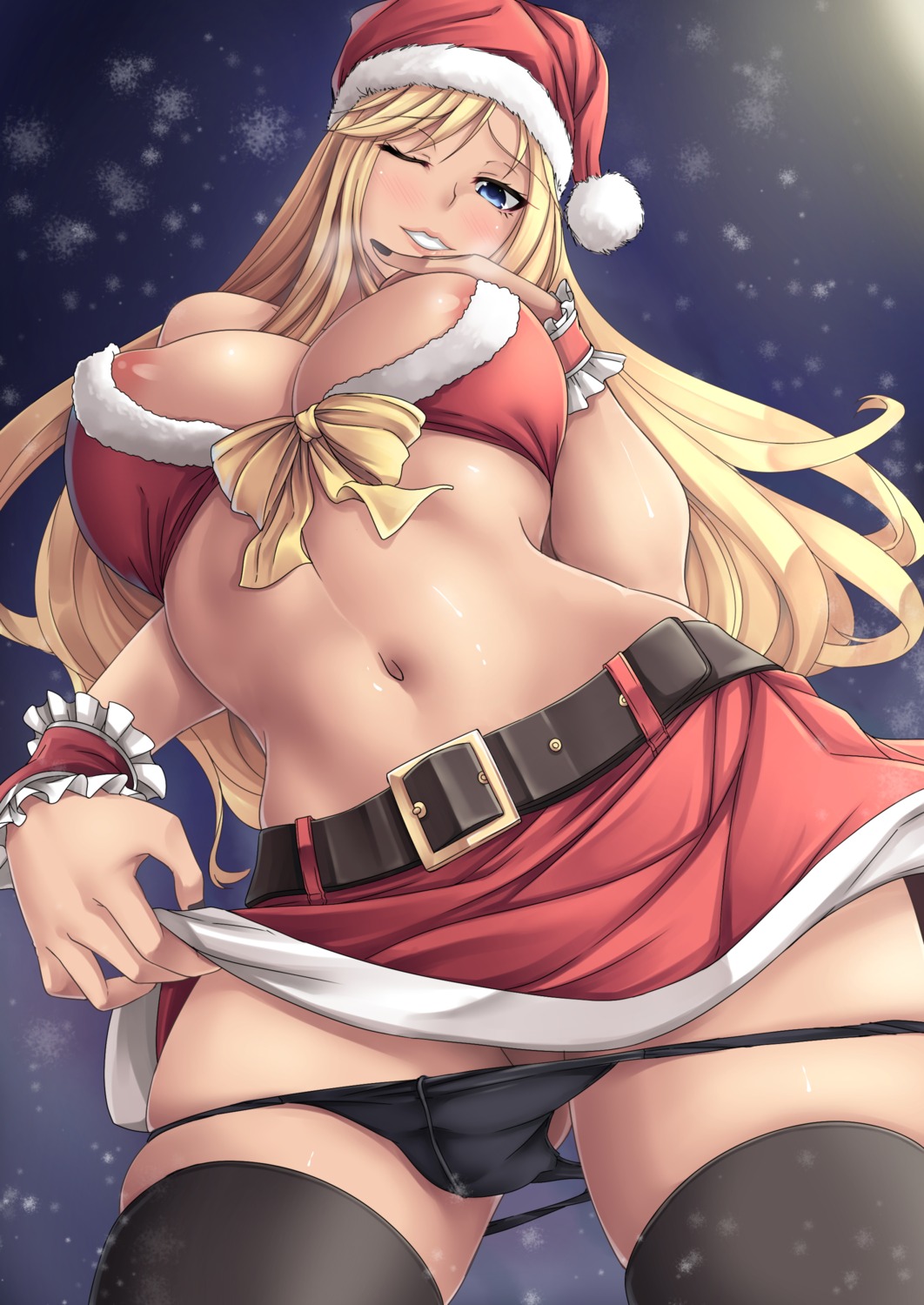 areola bikini_top breast_hold christmas cleavage kinntarou pantsu panty_pull skirt_lift swimsuits thighhighs