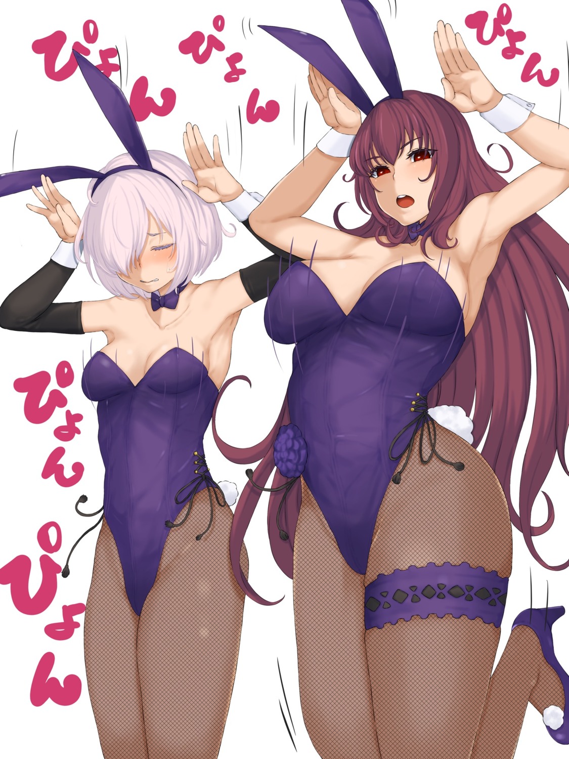 animal_ears bunny_ears bunny_girl fate/grand_order fishnets garter heels mash_kyrielight no_bra pantyhose scathach_(fate/grand_order) shin_(rwkk8733) tail