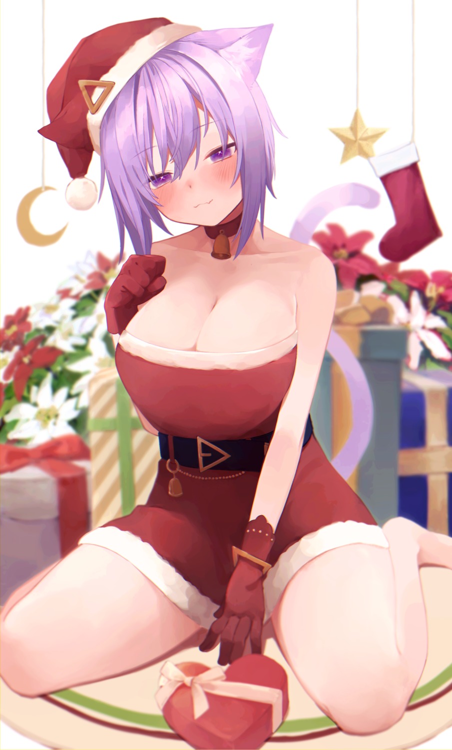 animal_ears christmas dress hololive hololive_gamers nanome_to nekomata_okayu nekomimi no_bra tail