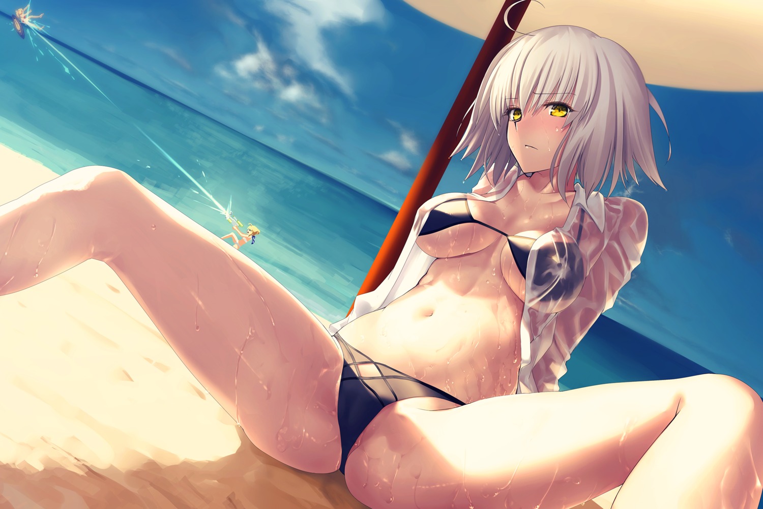 bikini cameltoe fate/grand_order jeanne_d'arc jeanne_d'arc_(alter)_(fate) kawanakajima mordred_(fate) saber see_through swimsuits underboob wet wet_clothes