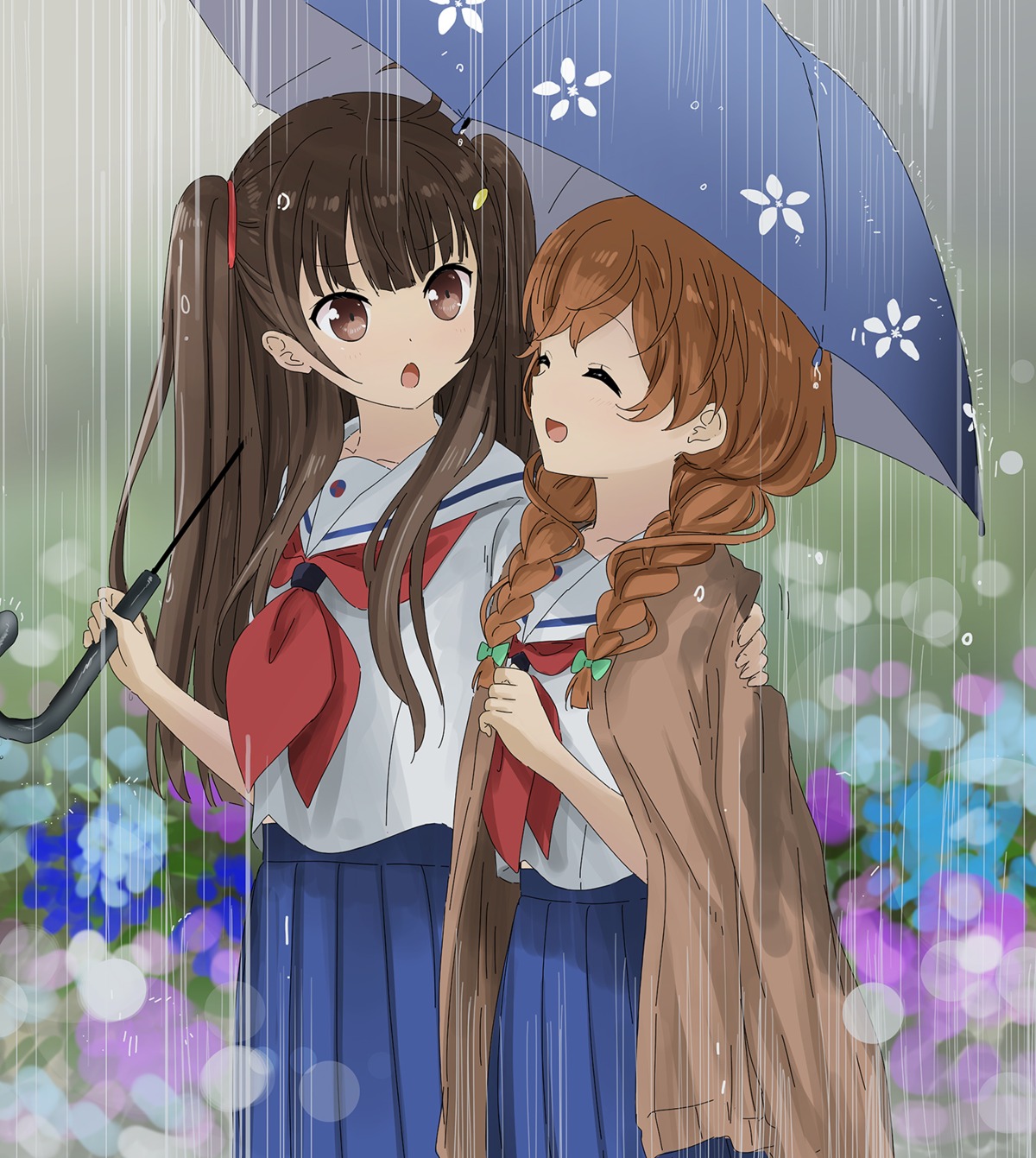 abe_kanari high_school_fleet seifuku sweater takahashi_chika umbrella wet yamabe_ayumi