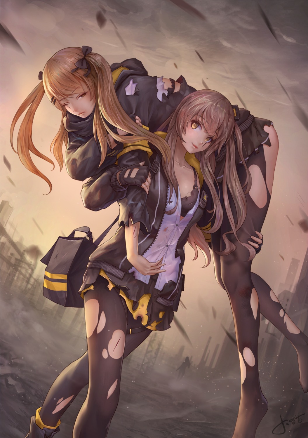 bra girls_frontline jay_xu open_shirt pantyhose torn_clothes ump45_(girls_frontline) ump9_(girls_frontline)