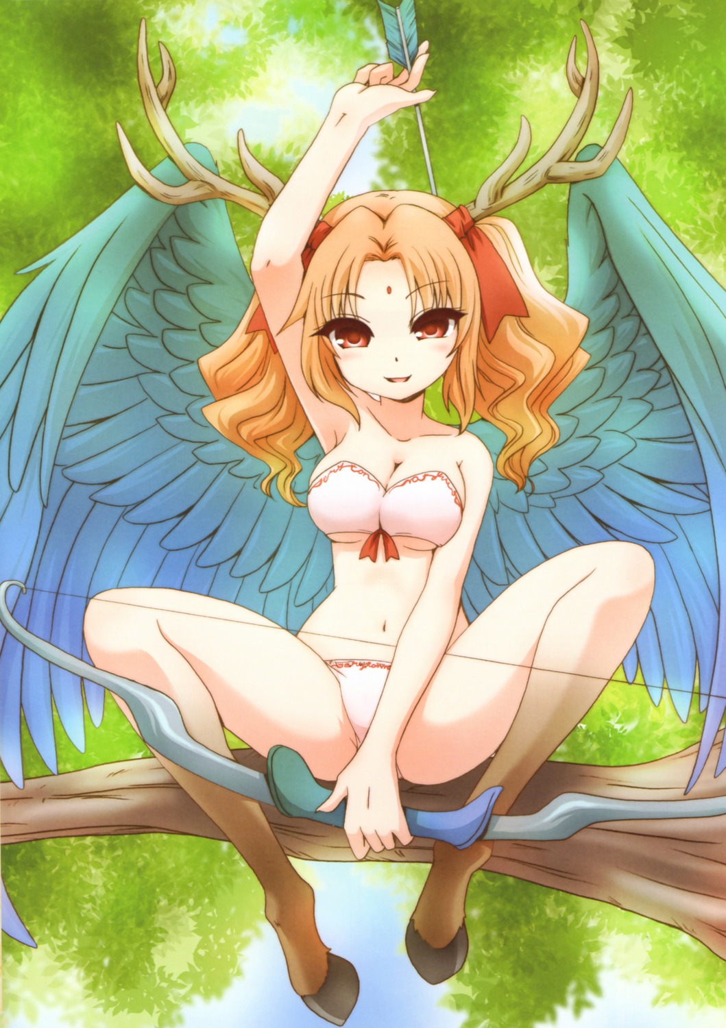 bikini cleavage genkai_tokki_monster_monpiece horns monster_girl swimsuits tagme underboob weapon wings
