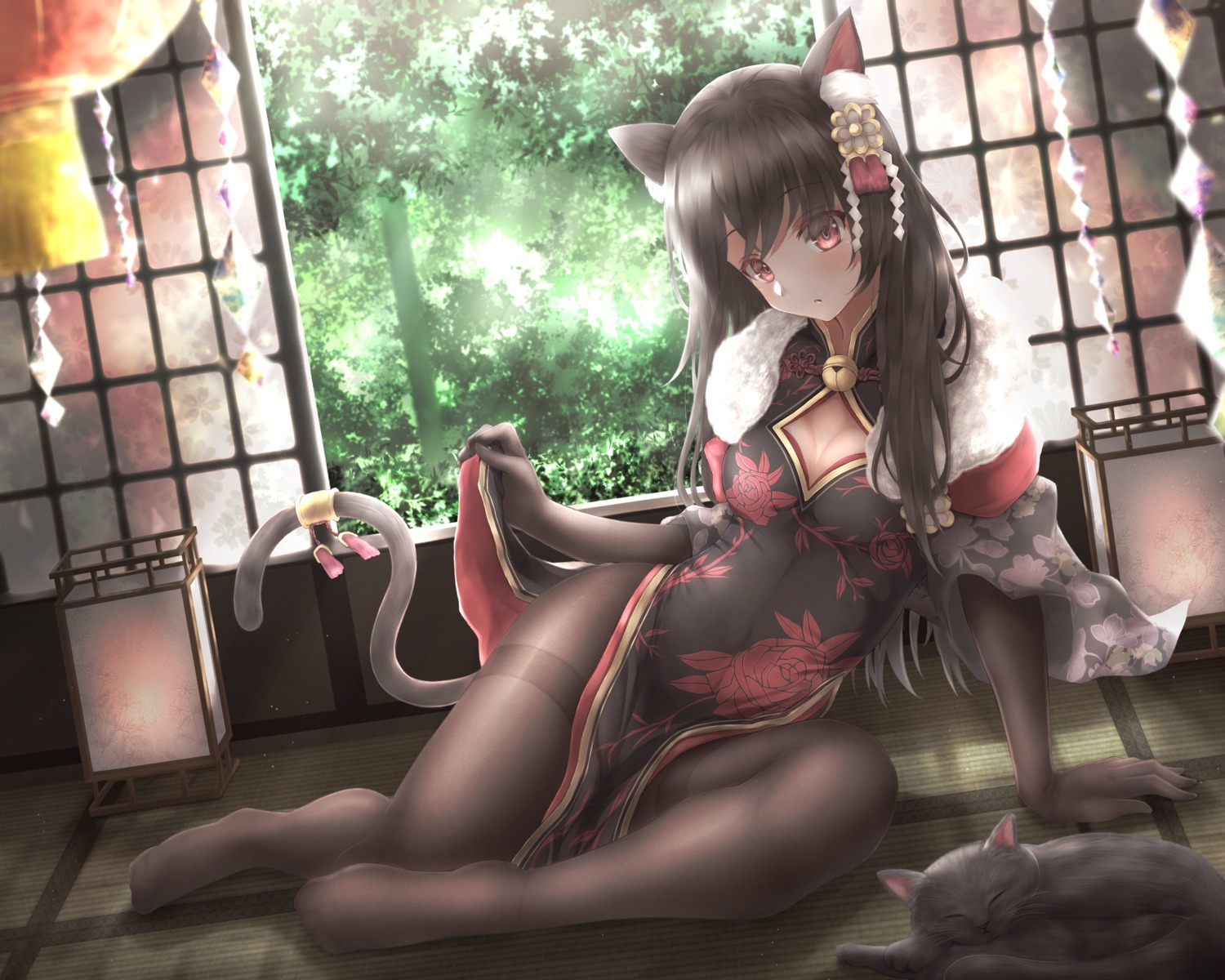 absent animal_ears chinadress cleavage neko nekomimi pantyhose skirt_lift tail