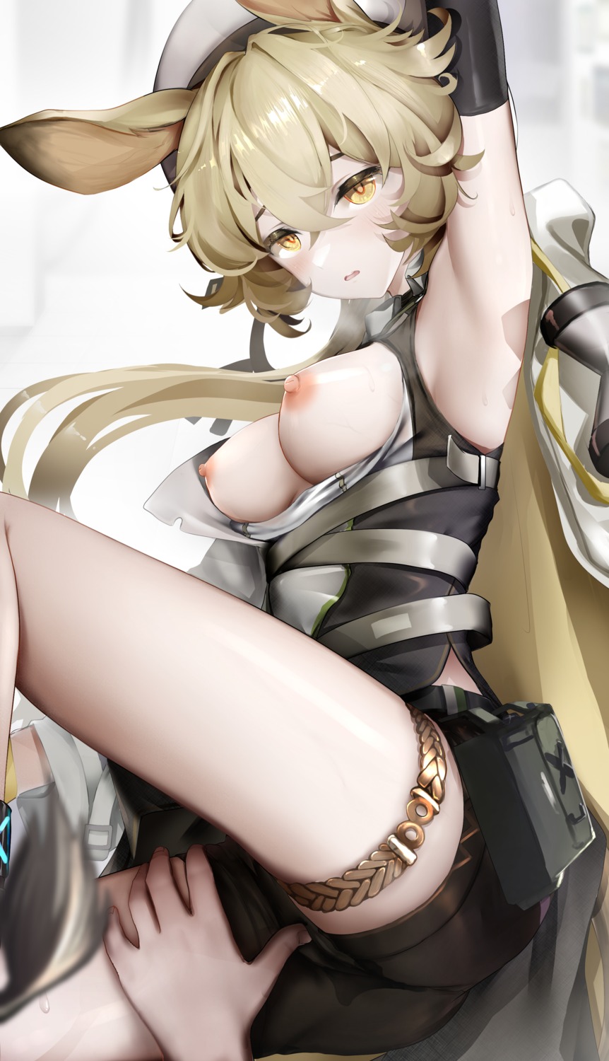 animal_ears arknights artist_revision breasts dorothy_(arknights) epicnoob278 fingering garter nipples no_bra open_shirt pussy_juice