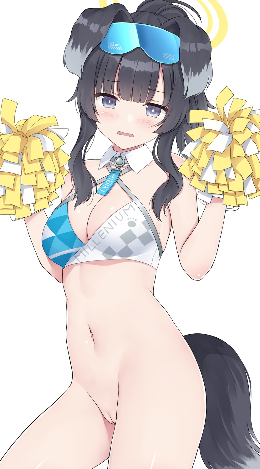 animal_ears blue_archive bottomless cheerleader halo inumimi megane mizunashi_kenichi nekozuka_hibiki no_bra pussy tail uncensored