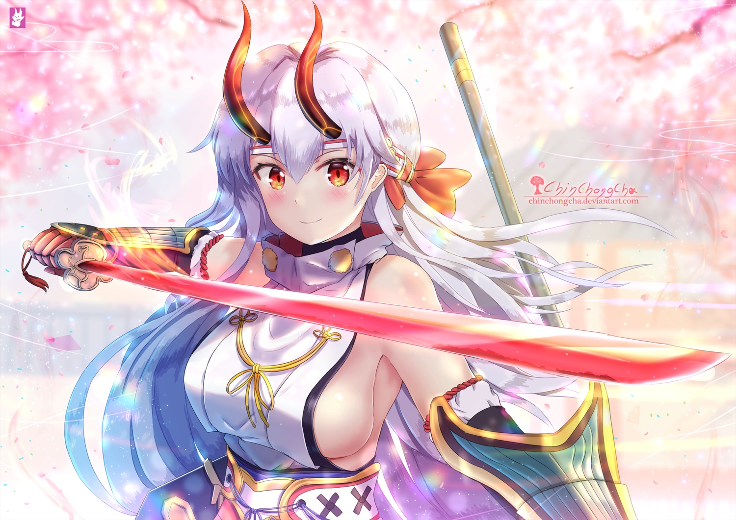 chinchongcha fate/grand_order horns japanese_clothes sword tomoe_gozen_(fate/grand_order)