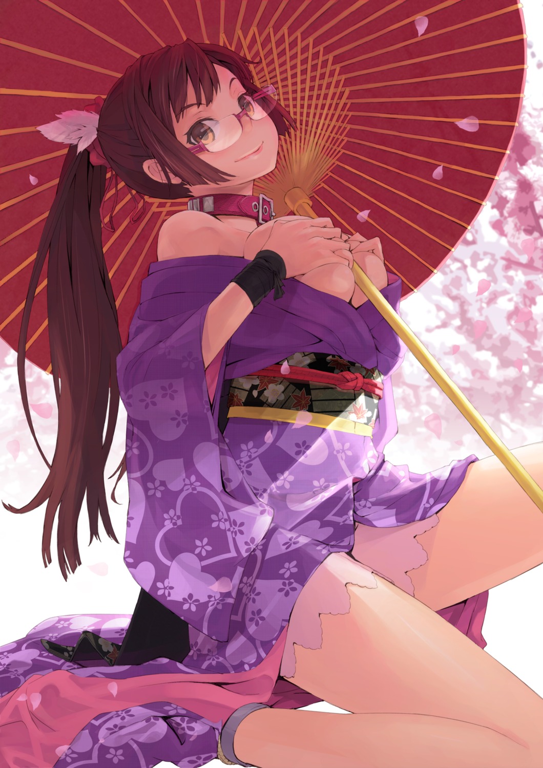 breast_hold breasts kimono maeda_risou megane open_shirt