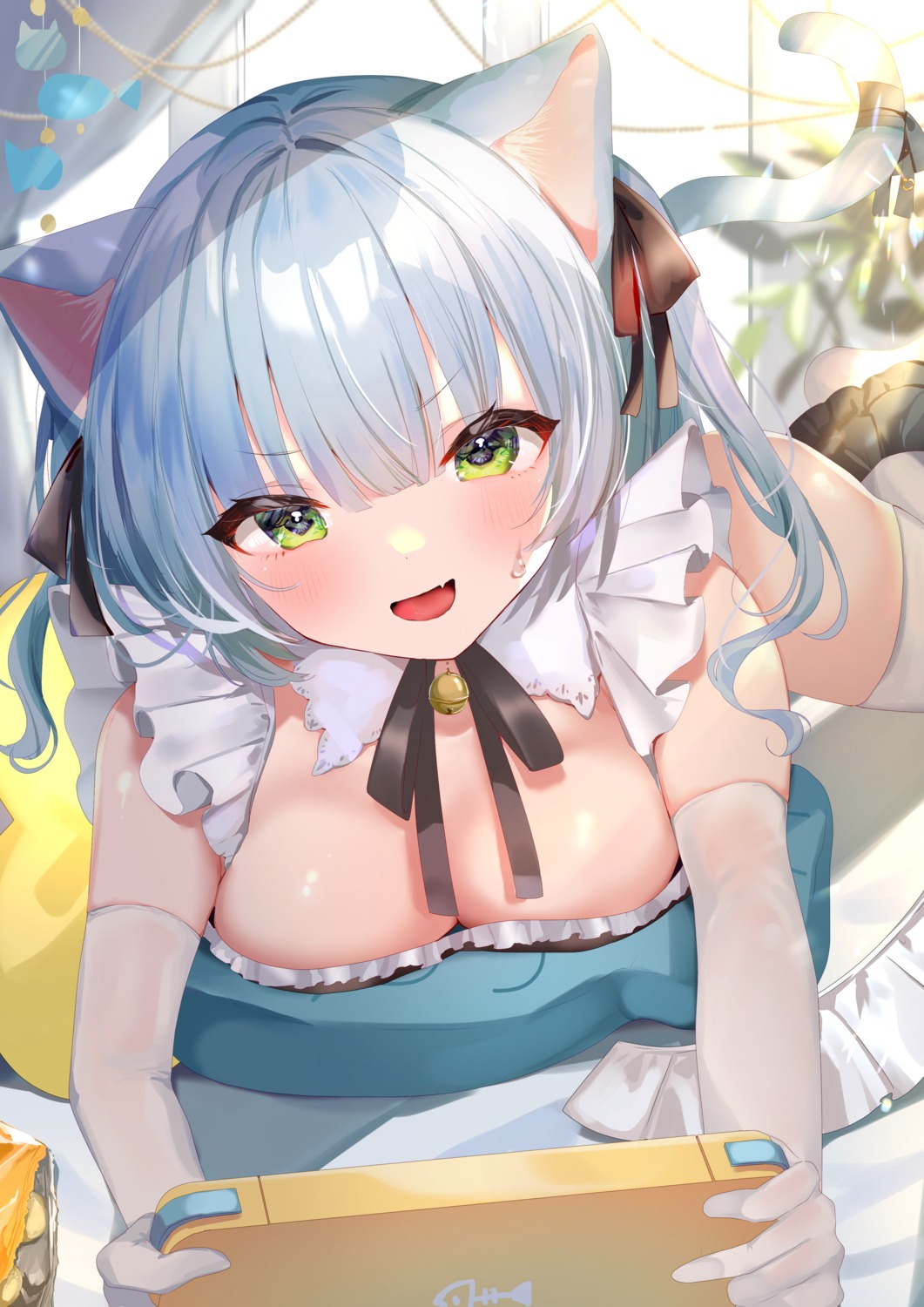 animal_ears maid momongapoketto nekomimi no_bra tail thighhighs