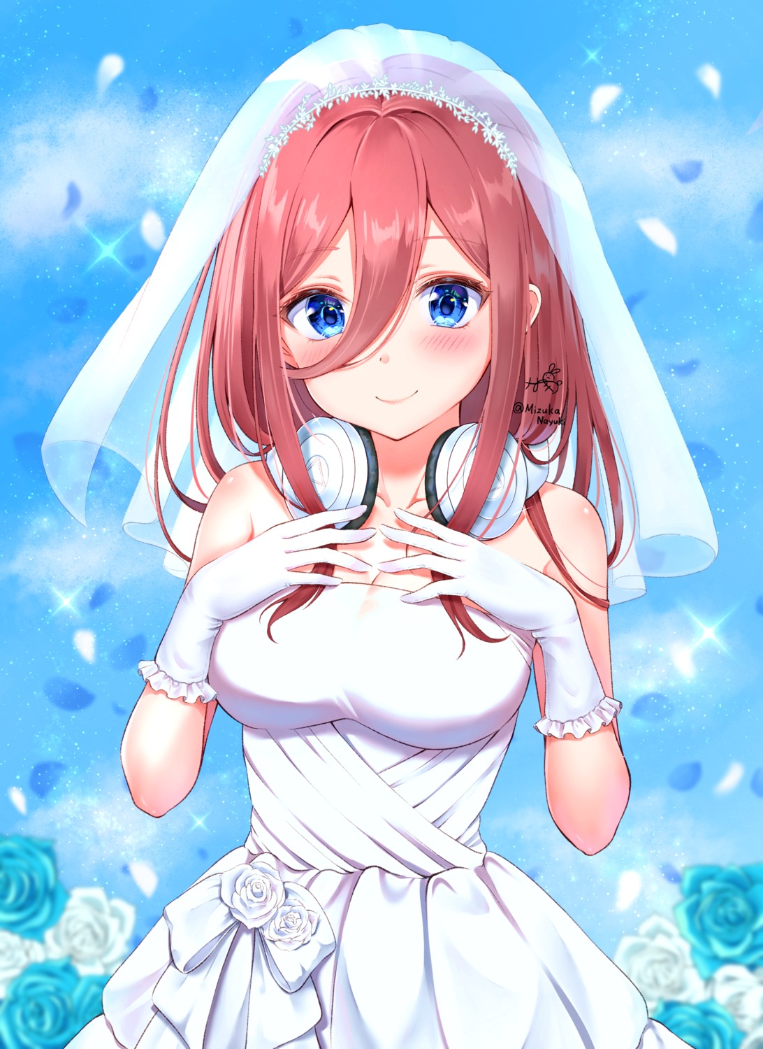 5-toubun_no_hanayome breast_hold cleavage dress headphones mizukanayuki nakano_miku wedding_dress