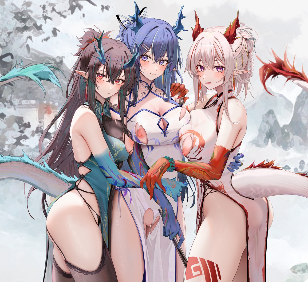 arknights chinadress dusk_(arknights) horns ling_(arknights) nian_(arknights) nipples pantsu pointy_ears pussy pussy_juice ru_zhai stockings tail tattoo thighhighs thong torn_clothes uncensored