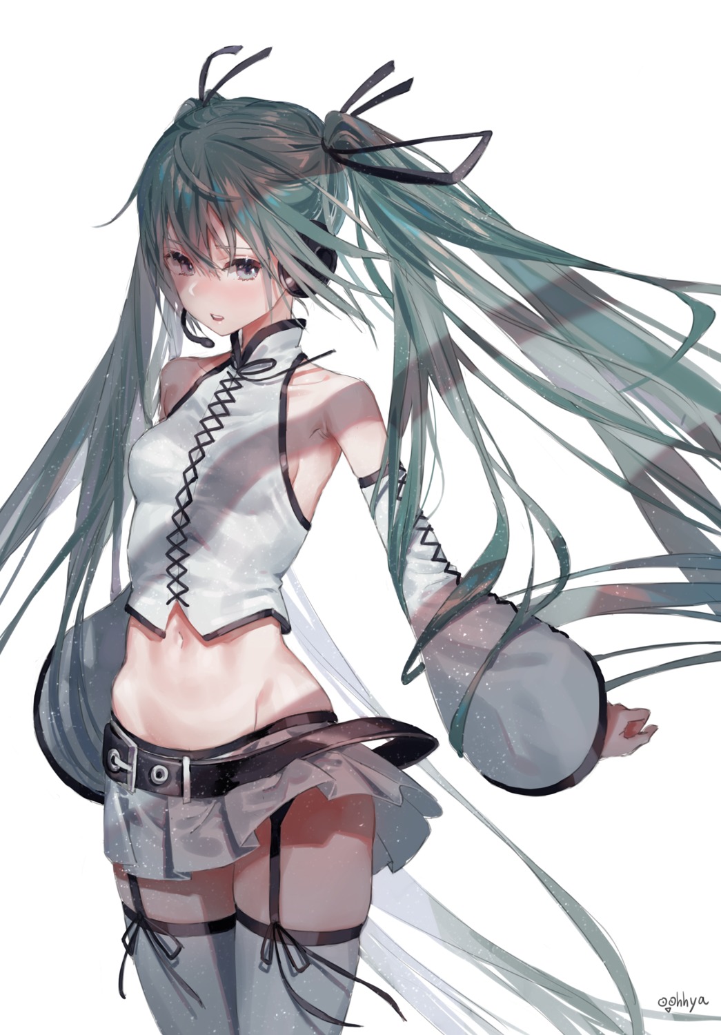 hatsune_miku headphones no_bra oohhya skirt_lift stockings thighhighs vocaloid