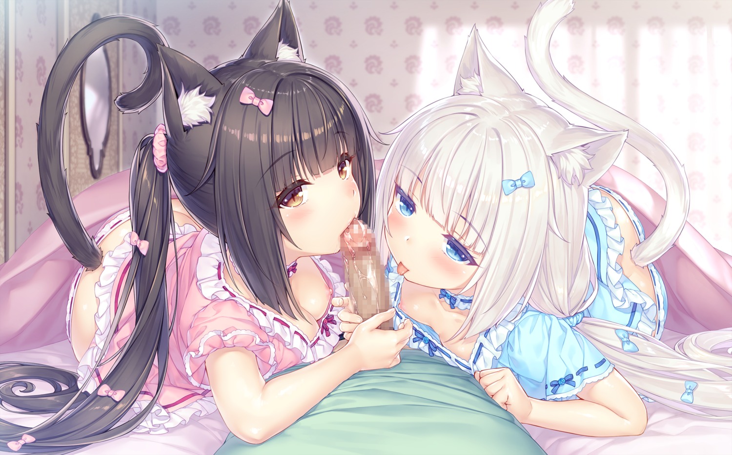 animal_ears breasts censored chocola fellatio game_cg loli neko_works nekomimi nekopara nipples no_bra pantsu penis sayori sheets tail vanilla