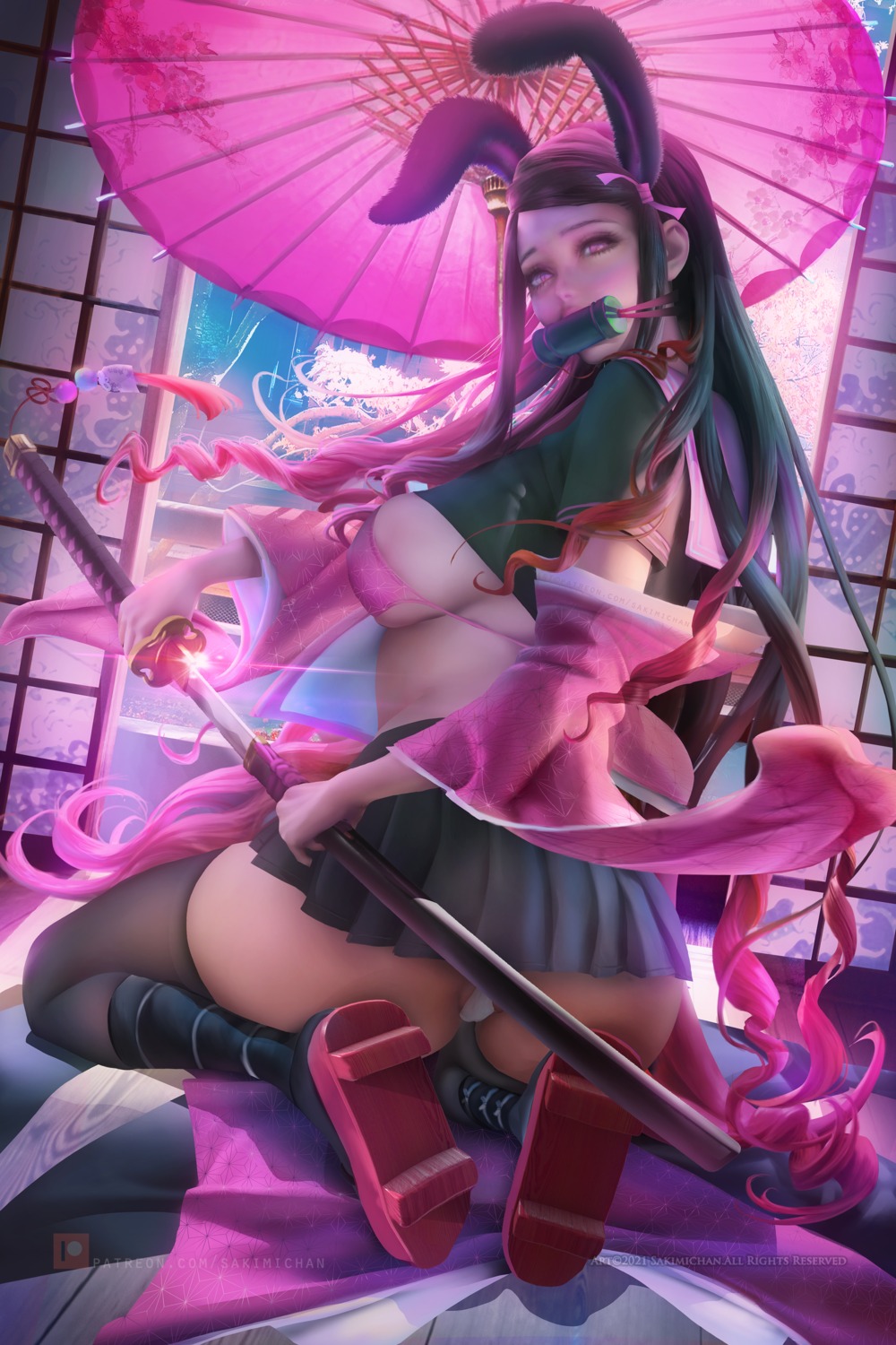 animal_ears ass bra bunny_ears kamado_nezuko kimetsu_no_yaiba pantsu sakimichan seifuku shirt_lift skirt_lift sword thighhighs thong umbrella