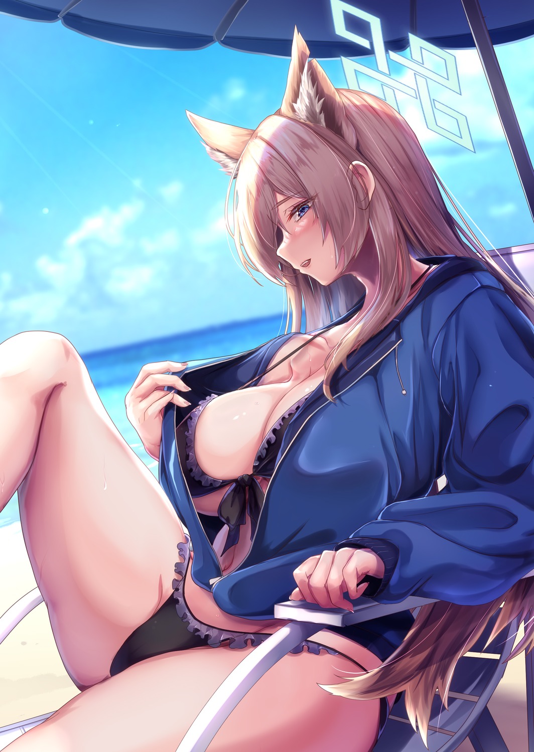 animal_ears bikini blue_archive halo inumimi ogata_kanna_(blue_archive) open_shirt saboten_teishoku swimsuits