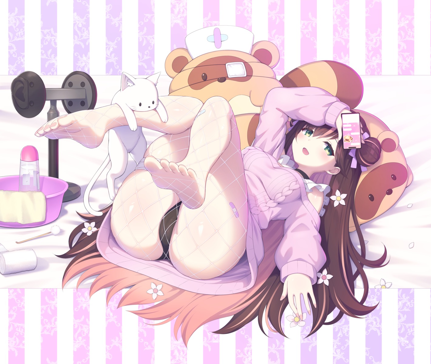 bandaid feet fishnets hanamori_healthy healthy_ch. neko pantsu pantyhose sasakura_momizi sweater thong