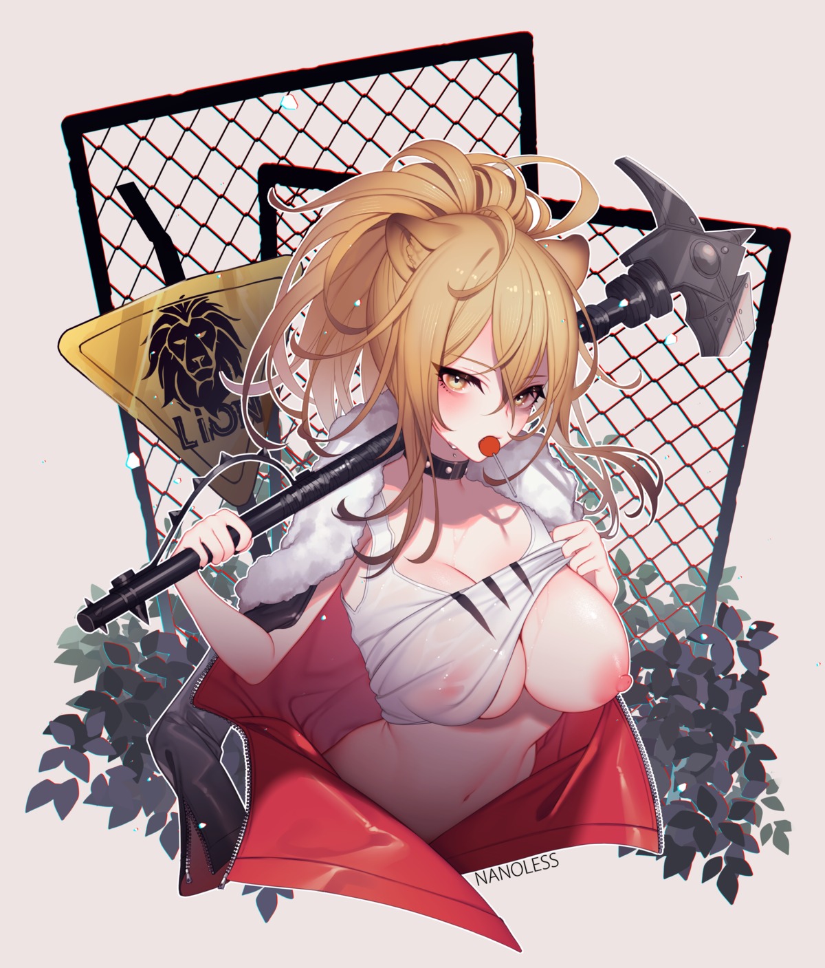 animal_ears areola arknights breasts nanoless nipples no_bra see_through shirt_lift siege_(arknights) undressing weapon