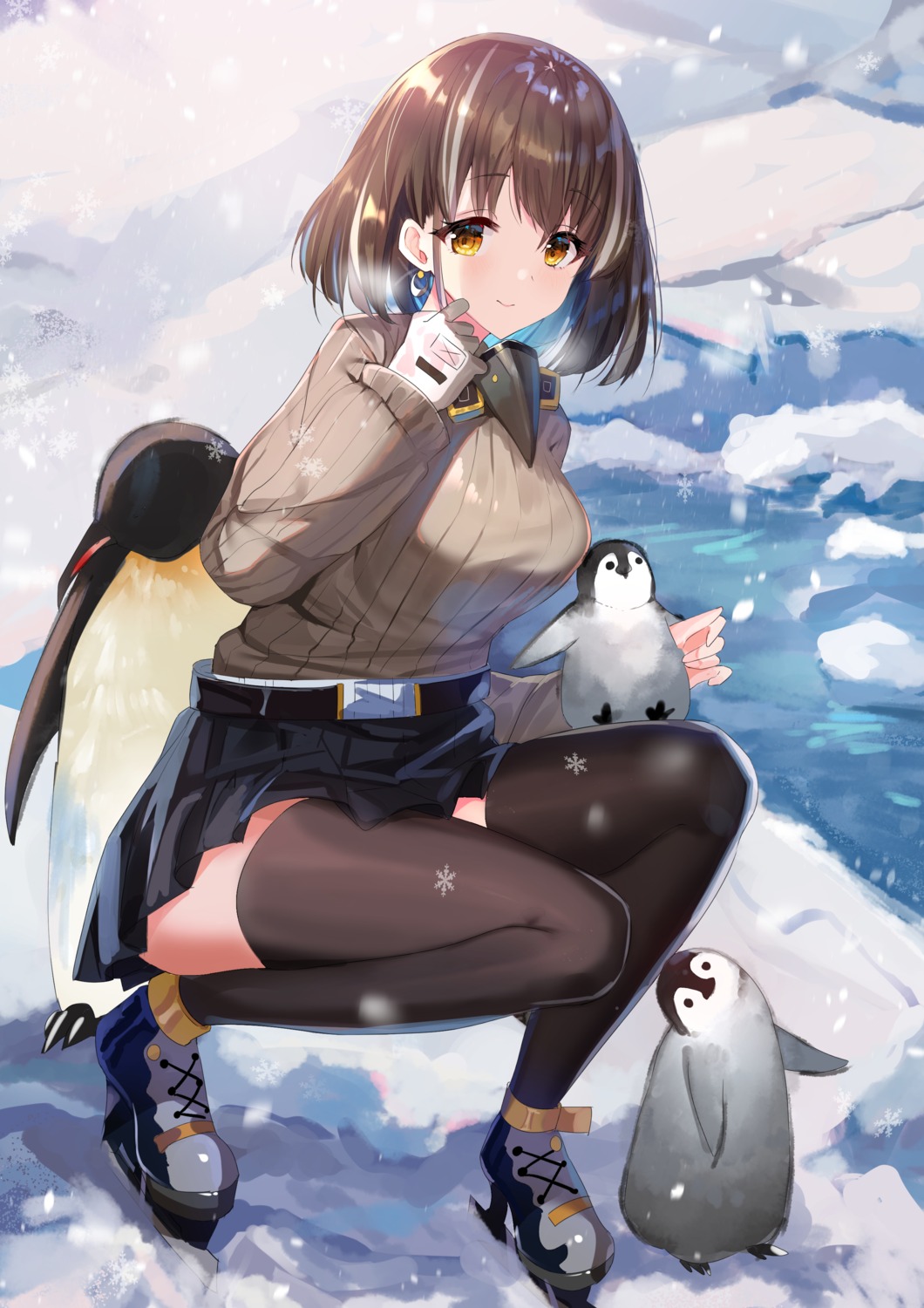 arknights ice_skating magallan_(arknights) penguin shanguier skirt_lift sweater thighhighs