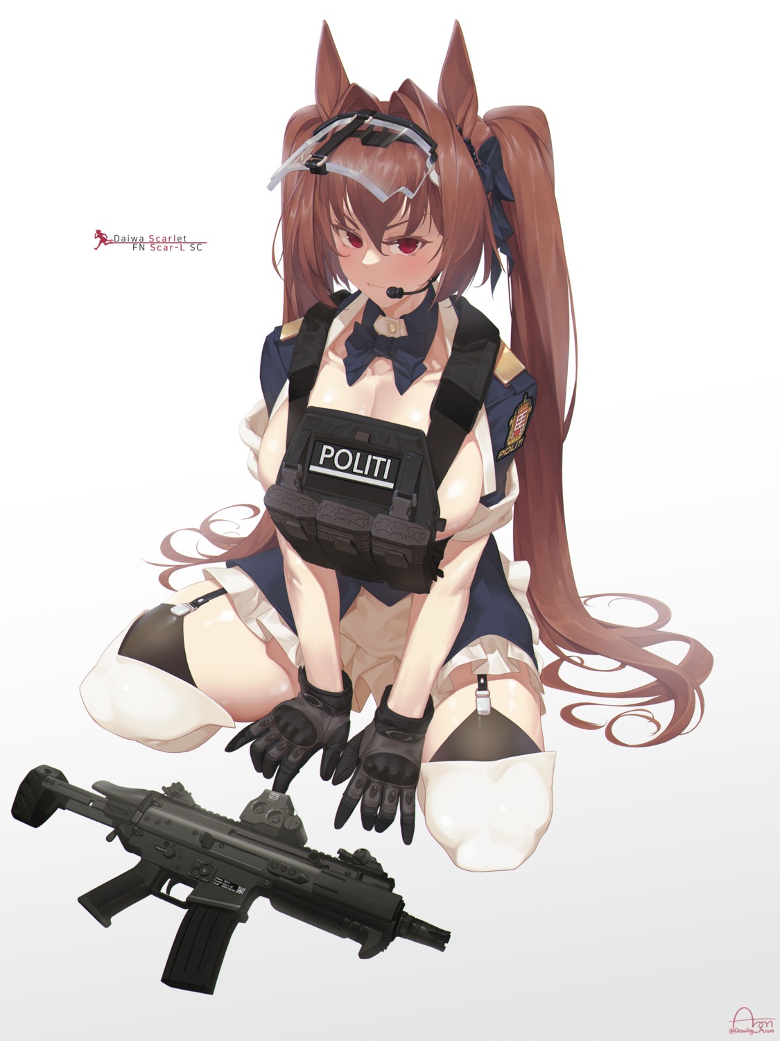 animal_ears aronman daiwa_scarlet_(umamusume) gun no_bra police_uniform stockings thighhighs uma_musume_pretty_derby