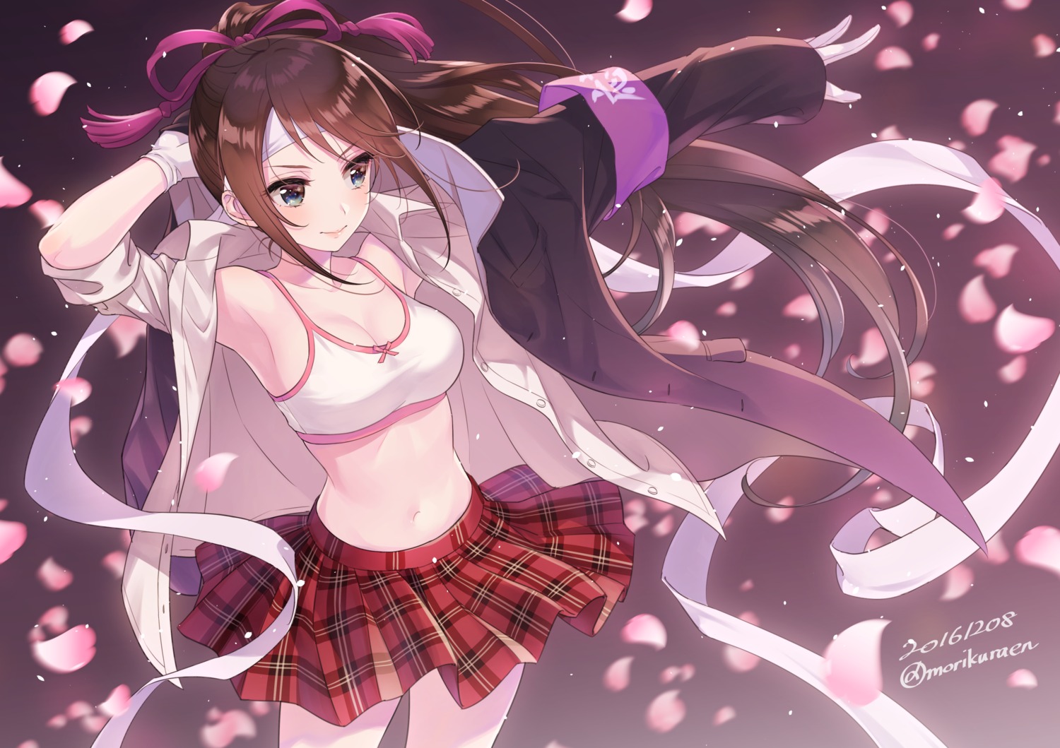 bra morikura_en open_shirt seifuku skirt_lift undressing