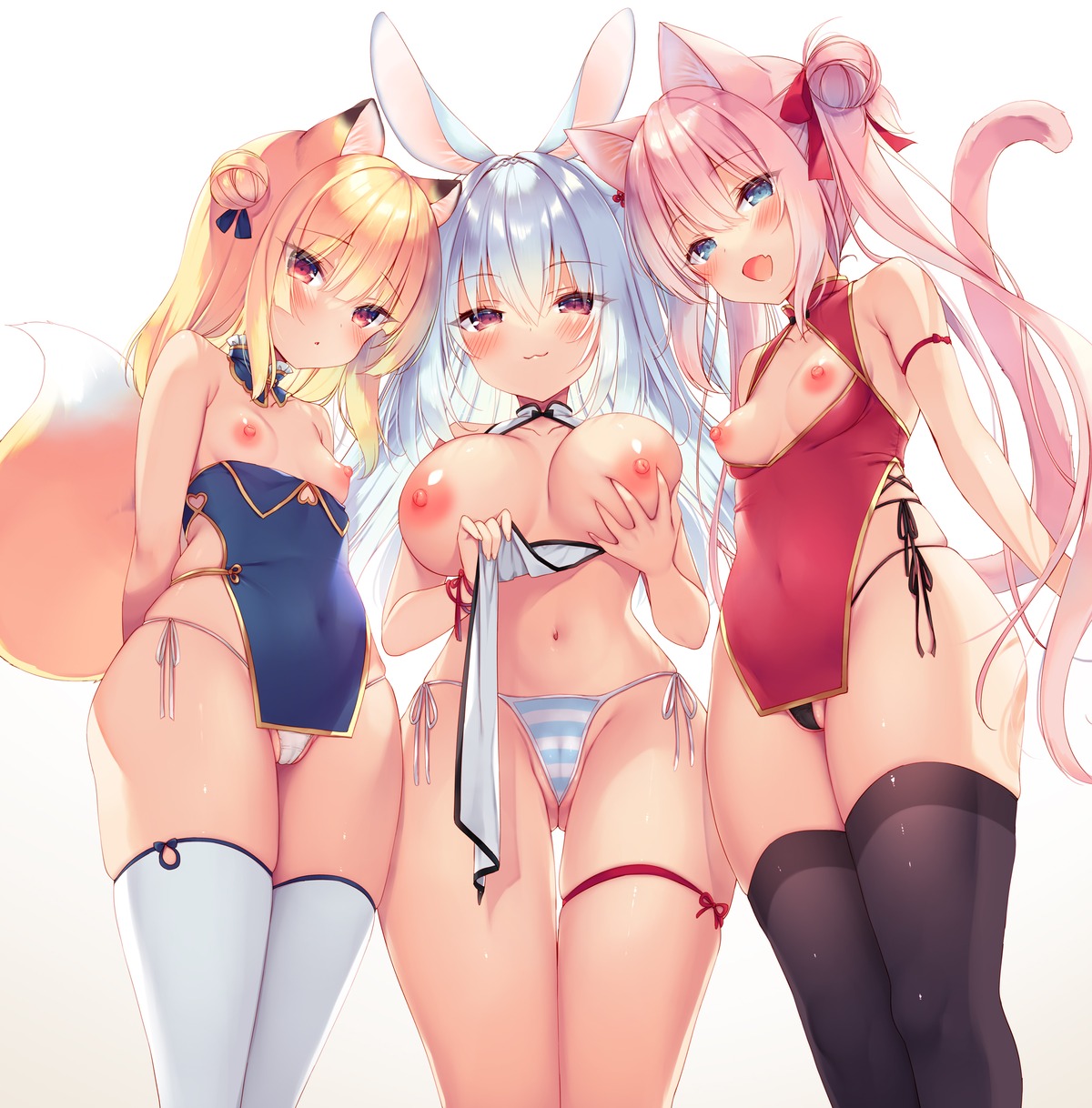 23.4° animal_ears boku_no_risou_no_isekai_seikatsu breast_grab bunny_ears bunny_girl cameltoe chinadress chise_(ichiri) garter ichiri misia_(ichiri) nipples no_bra pantsu rabimea_(ichiri) string_panties tail thighhighs