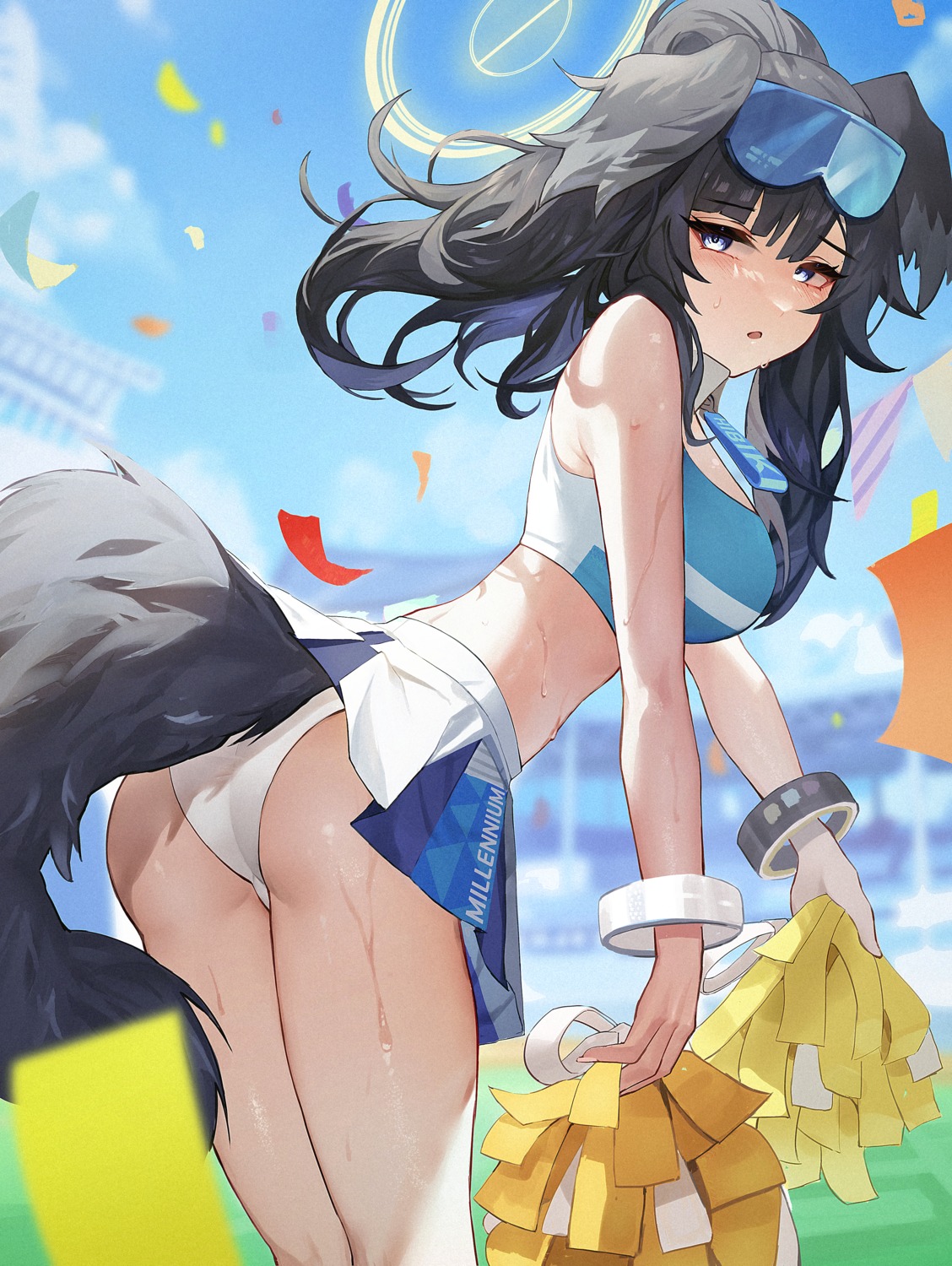 animal_ears ass blue_archive cheerleader halo inumimi josal nekozuka_hibiki pantsu skirt_lift tail thong wet