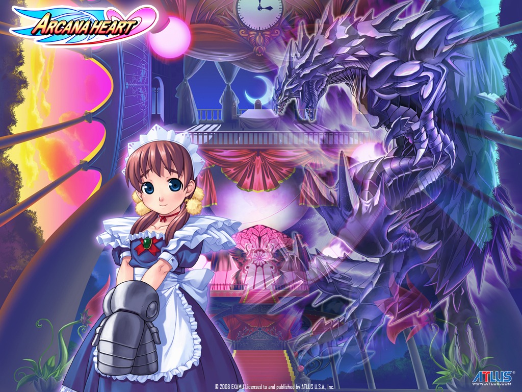 arcana_heart armor dress fiona_mayfield maid mizuki_gyokuran monster wallpaper