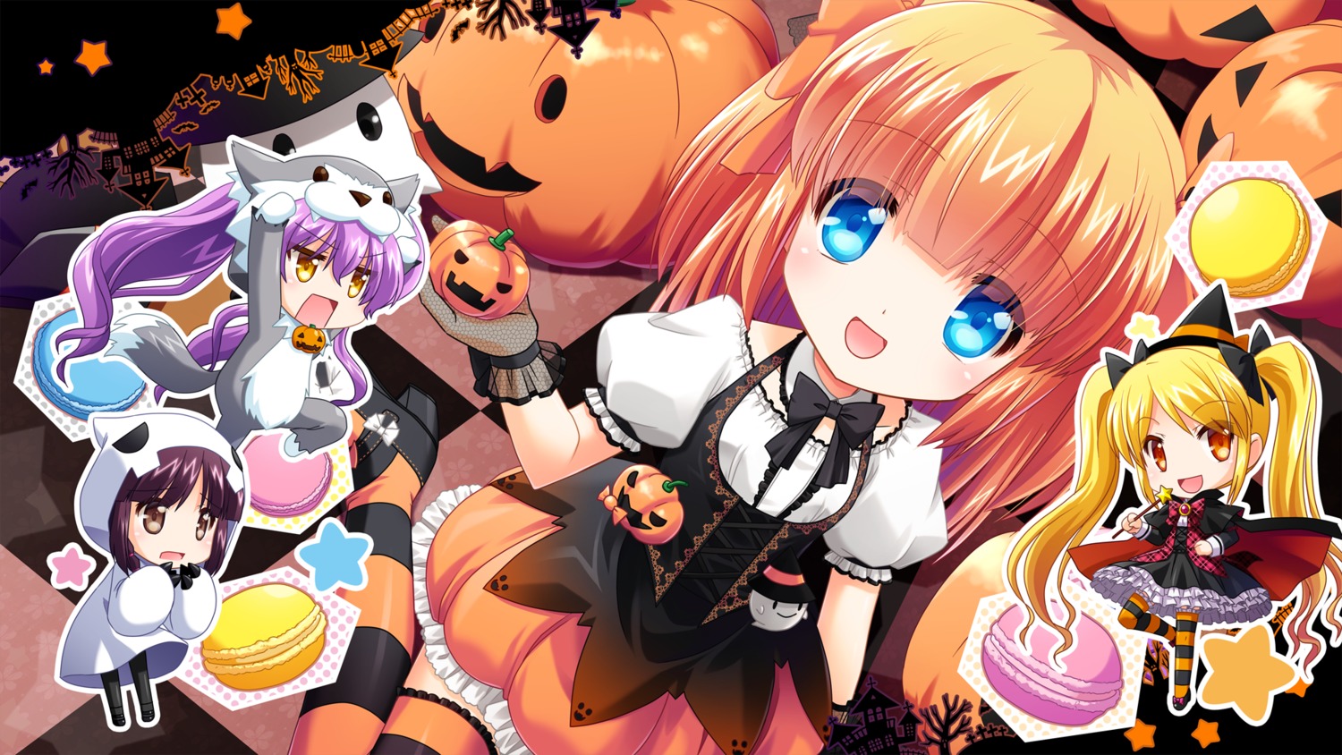 chibi dress fishnets girlfriend_(kari) halloween heels himejima_kinoko lolita_fashion nanami_shiki s_nyaau see_through thighhighs tokitaki_koruri wallpaper weapon witch yuuki_nae