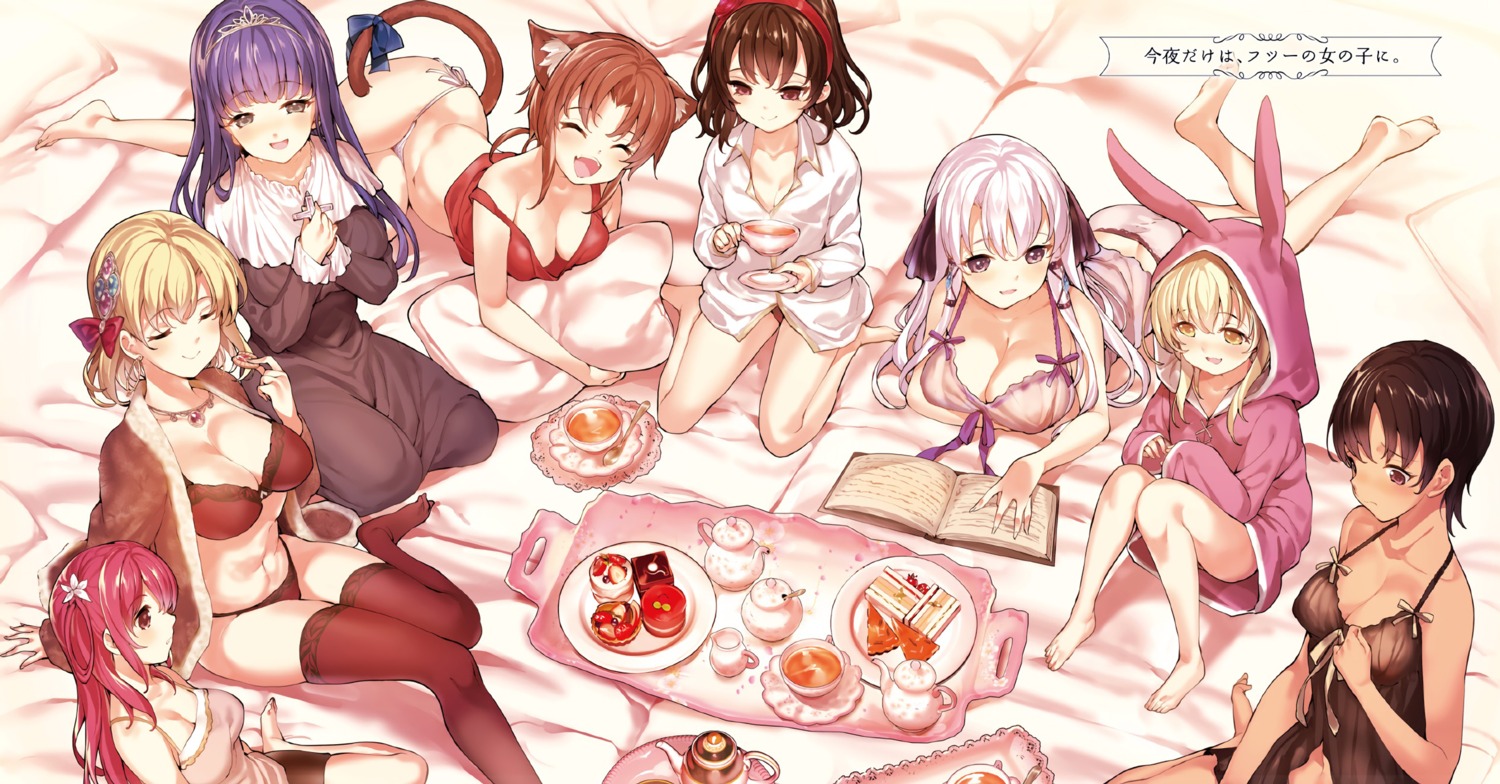 animal_ears bra breast_hold bunny_ears cleavage dress_shirt lingerie mutsutake nekomimi no_bra nun ojou-sama_no_koukyuu_jinmonkan open_shirt pajama pantsu see_through string_panties tail thighhighs