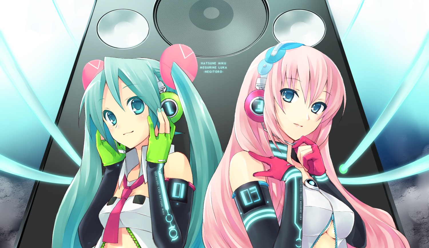 cleavage hatsune_miku headphones hijiki megurine_luka vocaloid