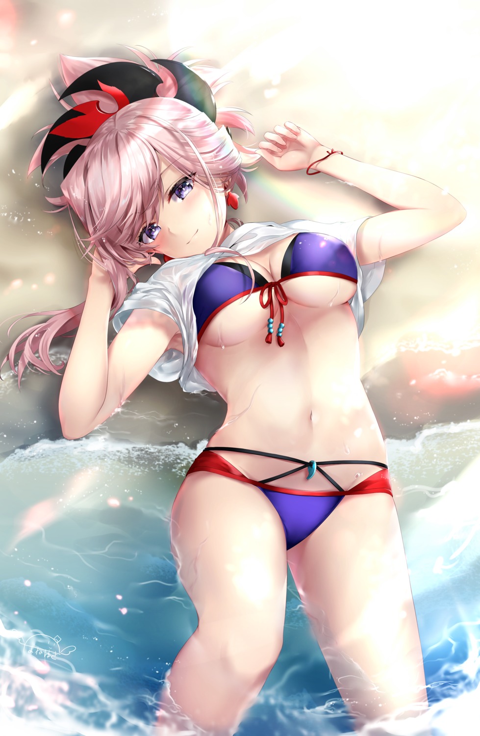 bikini fate/grand_order hane_yuki miyamoto_musashi_(fate/grand_order) shirt_lift swimsuits wet wet_clothes