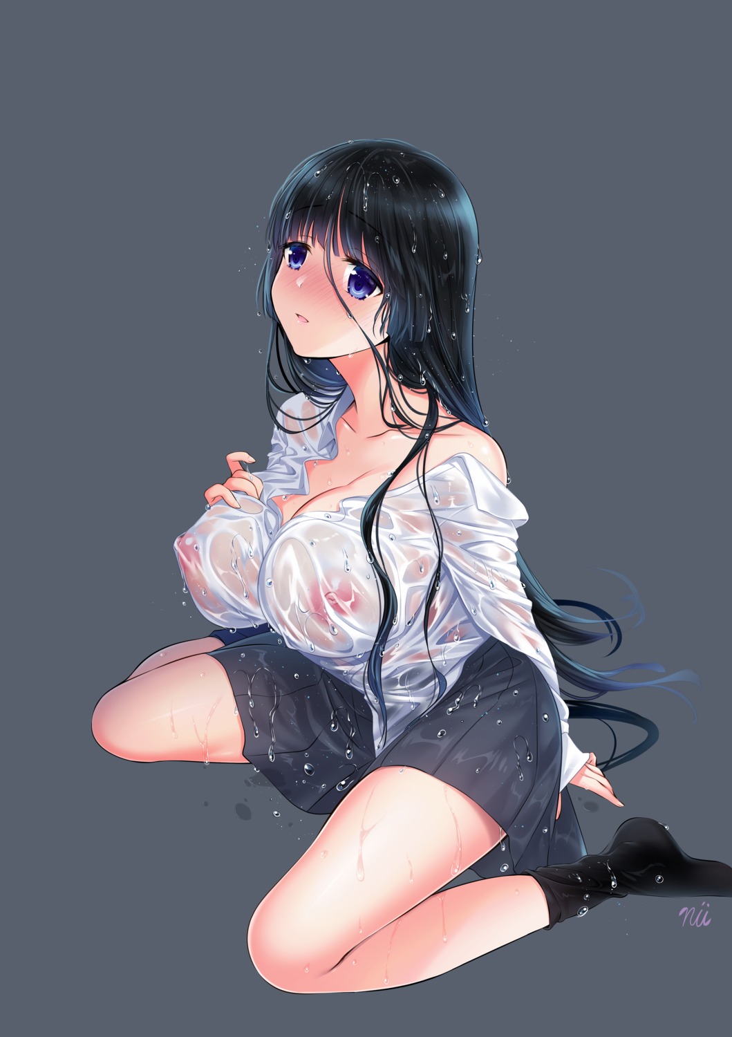 ainili breast_hold nipples no_bra see_through seifuku wet wet_clothes