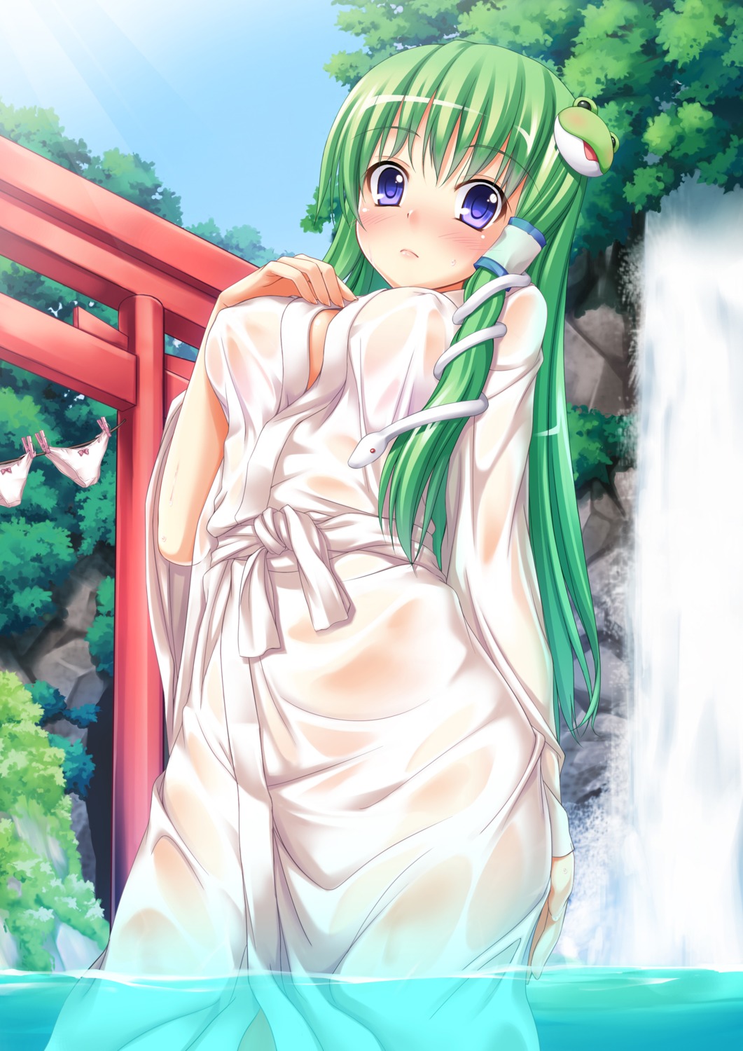 breast_hold erect_nipples kochiya_sanae no_bra nopan see_through tomifumi touhou wet wet_clothes yukata