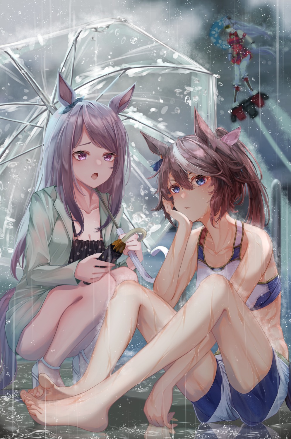 animal_ears bike_shorts bikini_top cleavage gold_ship_(umamusume) gym_uniform heels mejiro_mcqueen_(umamusume) open_shirt pantyhose see_through swimsuits tail tktk-tnk tokai_teio_(umamusume) uma_musume_pretty_derby umbrella uniform wet wet_clothes