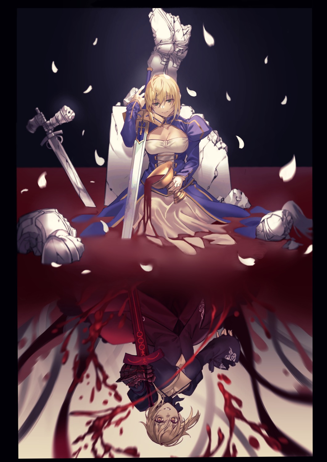 blood cleavage dress fate/stay_night hiro_(hirohiro_gorira) saber saber_alter sword wet