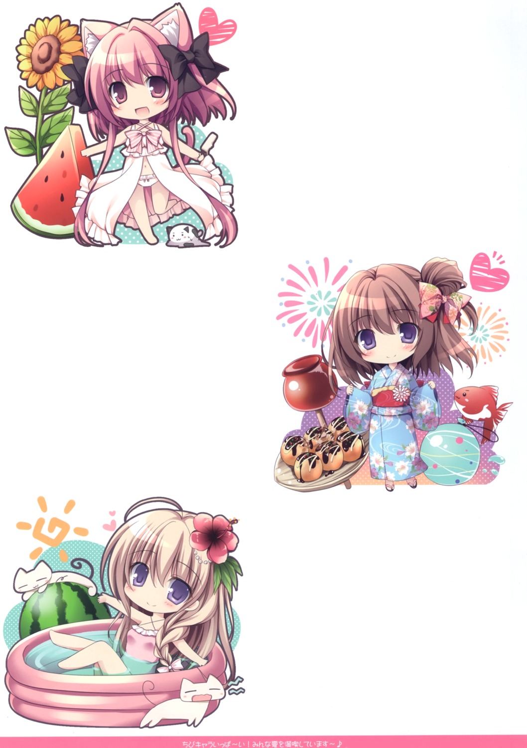 animal_ears chibi lingerie nanaroba_hana neko nekomimi pantsu swimsuits tail wet yukata