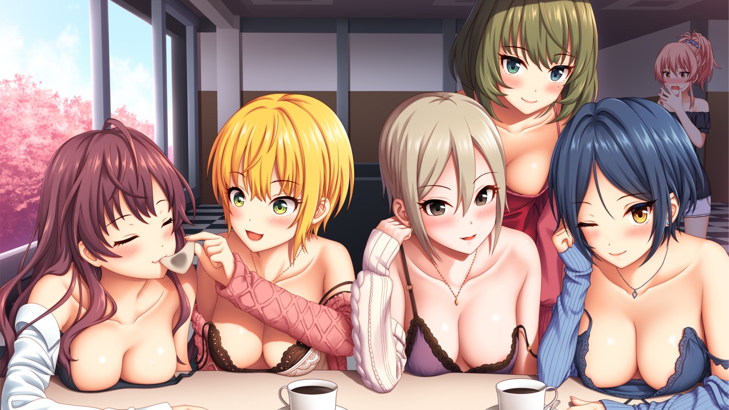 areola hayami_kanade heterochromia ichinose_shiki jougasaki_mika lingerie miyamoto_frederica nazuna_(artist) no_bra open_shirt sweater takagaki_kaede the_idolm@ster the_idolm@ster_cinderella_girls